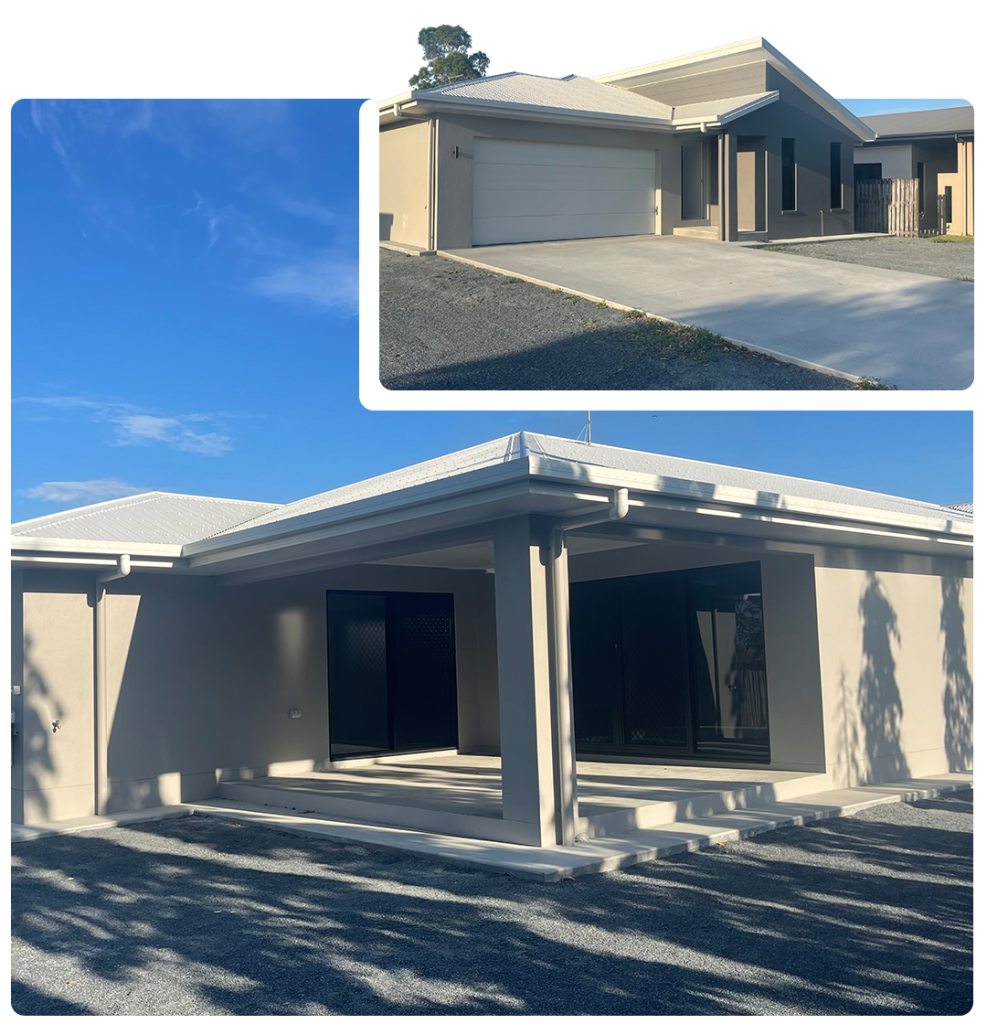 New rendered home with a covered patio, with an inset of its double garage and driveway